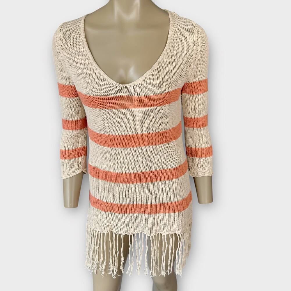 Willow & Clay Linen Blend Fringed Knit Lightweight Sweater Size S Striped Cream